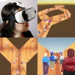 Association de photo d'une femme utilisant un casque de réalité virtuelle et des images diffusées dans le casque